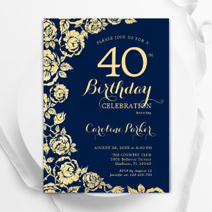 Invitación Elegante Rosas de la Marina Azul Oro 40 cumpleaños