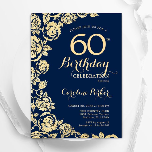 Invitación Elegante Rosas de la Marina Azul Oro 60 cumpleaños (Subido por el creador)