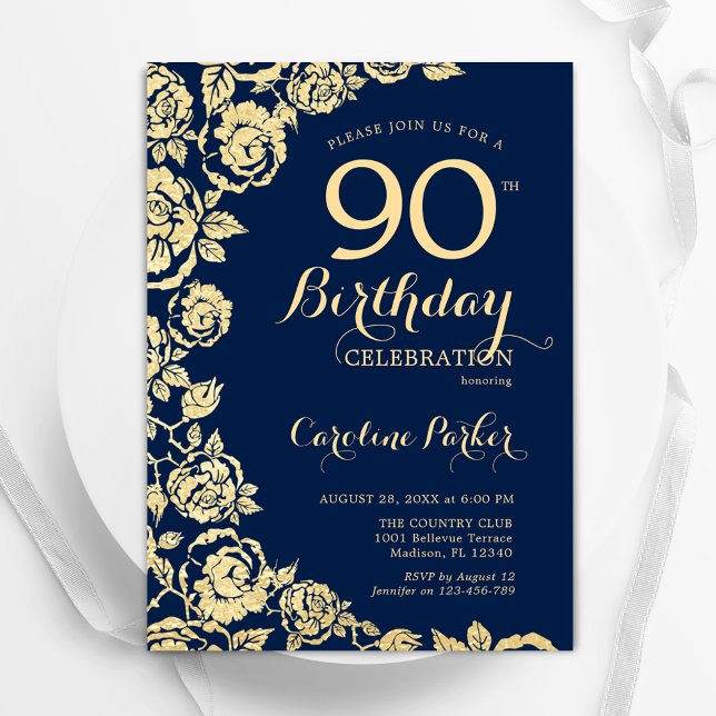 Invitación Elegante Rosas de la Marina Azul Oro 90 cumpleaños (Subido por el creador)