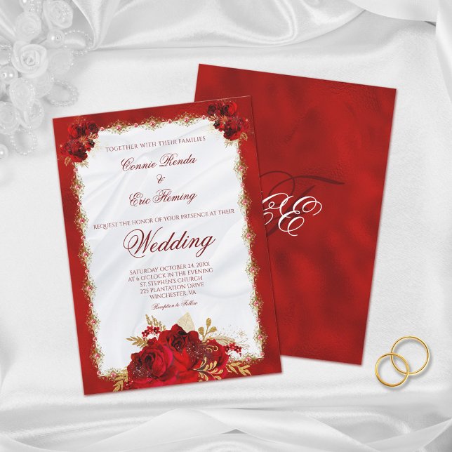 Invitación Elegante Rosas de Monograma Oro Rojo Boda formal (Subido por el creador)