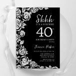 Invitación Elegante Rosas de Plata Negra Sorpresa 40 cumpleañ<br><div class="desc">Sorpresa floral de plata negra invitada a la fiesta de cumpleaños número 40. Diseño elegante con rosas, Relieve metalizado falso plateado y tipo de letra de guión de tipografía. La carta de invitación a la moda es perfecta para una elegante celebración de cumpleaños femenina. Se puede personalizar a cualquier edad....</div>