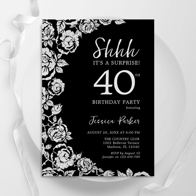 Invitación Elegante Rosas de Plata Negra Sorpresa 40 cumpleañ (Subido por el creador)