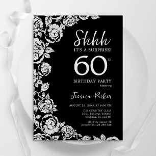 Invitación Elegante Rosas de Plata Negra Sorpresa 60 cumpleañ