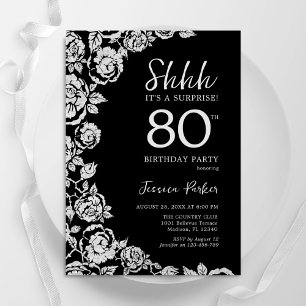 Invitación Elegante Rosas de Plata Negra Sorpresa 80 cumpleañ