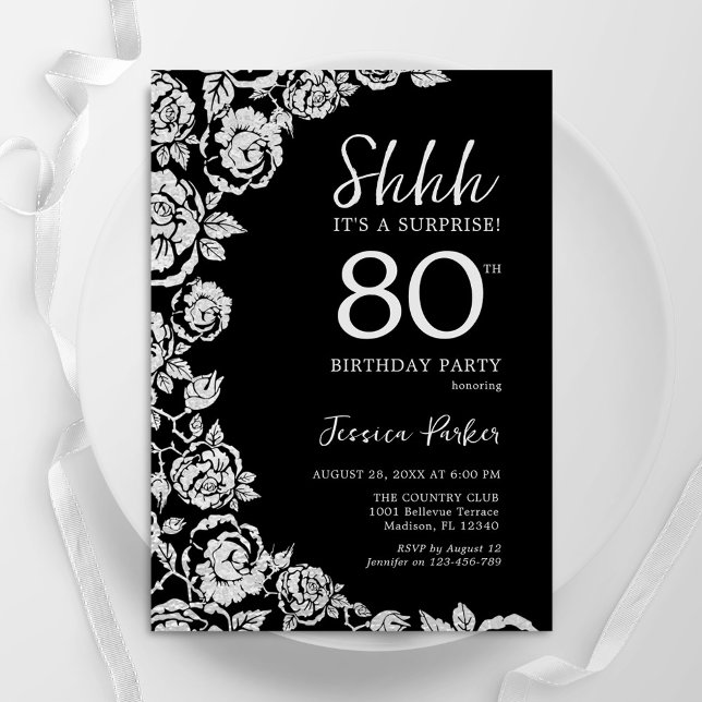 Invitación Elegante Rosas de Plata Negra Sorpresa 80 cumpleañ (Subido por el creador)