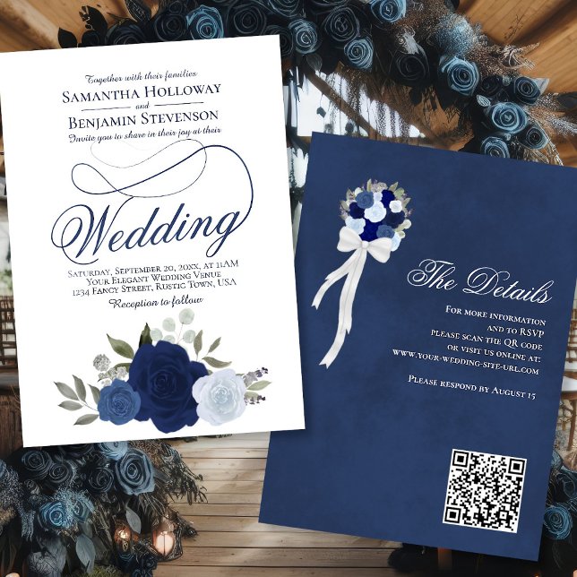 Invitación Elegante Rosas del Boho Azul Floral Boda de código (Front/Back)