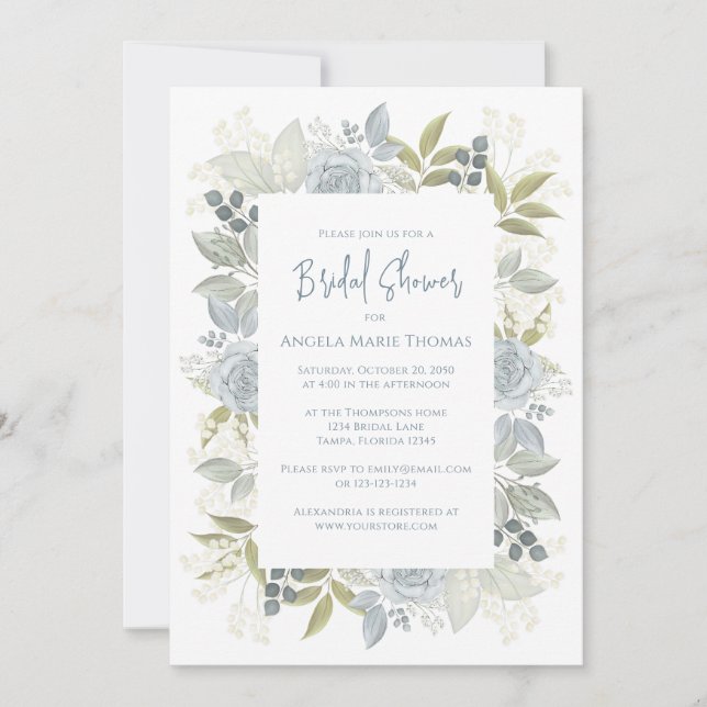 Invitación Elegante Rosas Floral Bridal Shower Dusty Blue (Anverso)