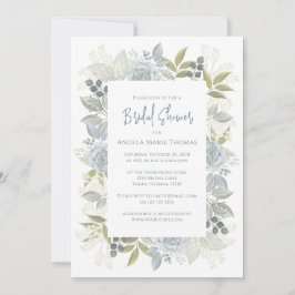 Invitación Elegante Rosas Floral Bridal Shower Dusty Blue