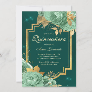 Invitación Elegante Rosas Florales Verde Salvia Quinceañera D