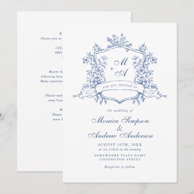 Invitación Elegante Rosas franceses azules Boda floral jardín (Anverso / Reverso)