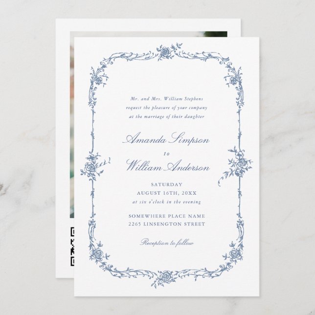 Invitación Elegante Rosas franceses azules Boda jardín código (Anverso / Reverso)