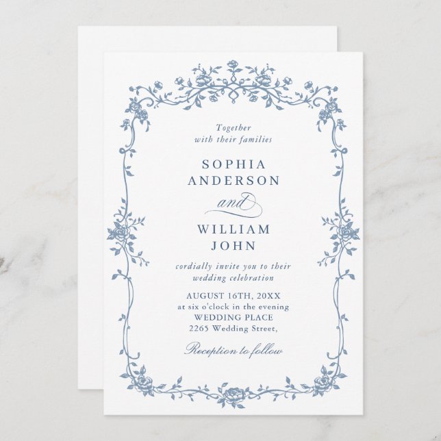 Invitación Elegante Rosas franceses azules Boda jardín código (Anverso / Reverso)