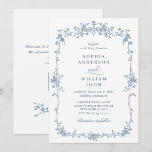 Invitación Elegante Rosas franceses azules Boda jardín código