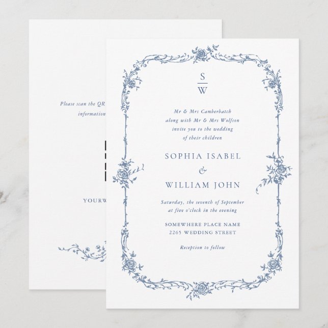 Invitación Elegante Rosas franceses azules Boda jardín código (Anverso / Reverso)