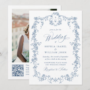 Invitación Elegante Rosas franceses azules Boda jardín código