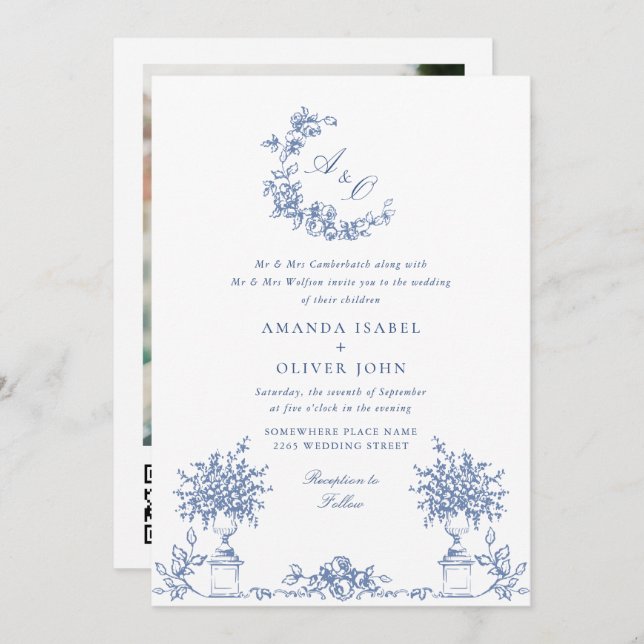 Invitación Elegante Rosas franceses azules Boda jardín código (Anverso / Reverso)