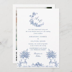 Invitación Elegante Rosas franceses azules Boda jardín código