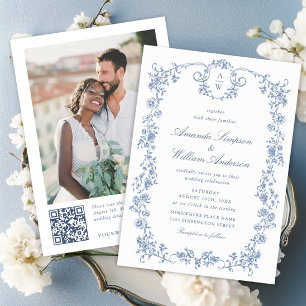 Invitación Elegante Rosas franceses azules Boda jardín código