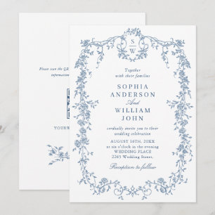 Invitación Elegante Rosas franceses azules Boda jardín código