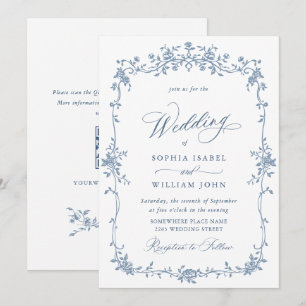 Invitación Elegante Rosas franceses azules Boda jardín código