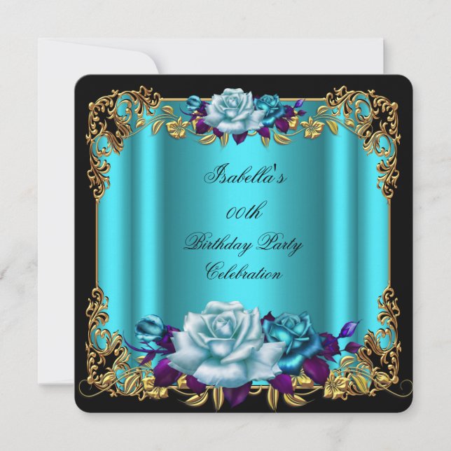 Invitación Elegante Rosas Golden Verde azulado Blue Purple Cu (Anverso)