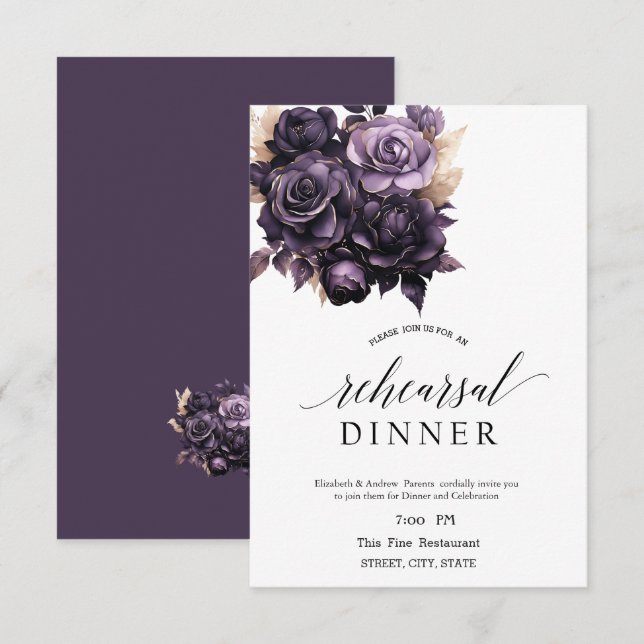 Invitación Elegante Rosas morados oscuros ensayan cena (Anverso / Reverso)