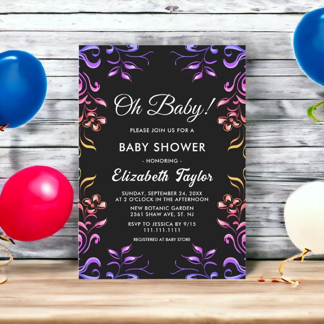 Invitación Elegante Rosas neones modernos Baby Shower floral  (Subido por el creador)