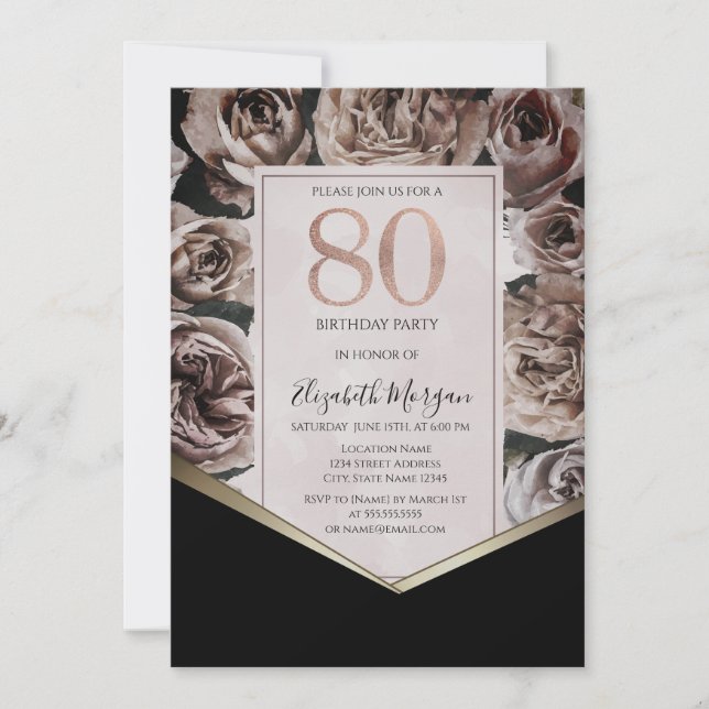 Invitación Elegante Rosas oscuros 80 cumpleaños (Anverso)