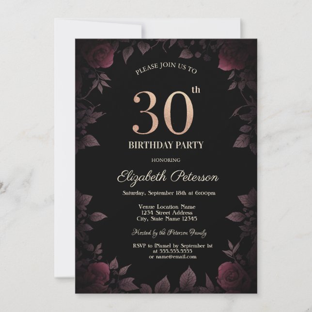 Invitación Elegante Rosas oscuros de Borgoña Negro 30 cumplea (Anverso)