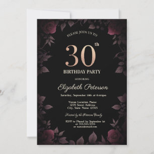 Invitación Elegante Rosas oscuros de Borgoña Negro 30 cumplea
