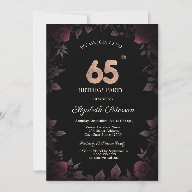 Invitación Elegante Rosas oscuros de Borgoña Negro 65º cumple (Anverso)