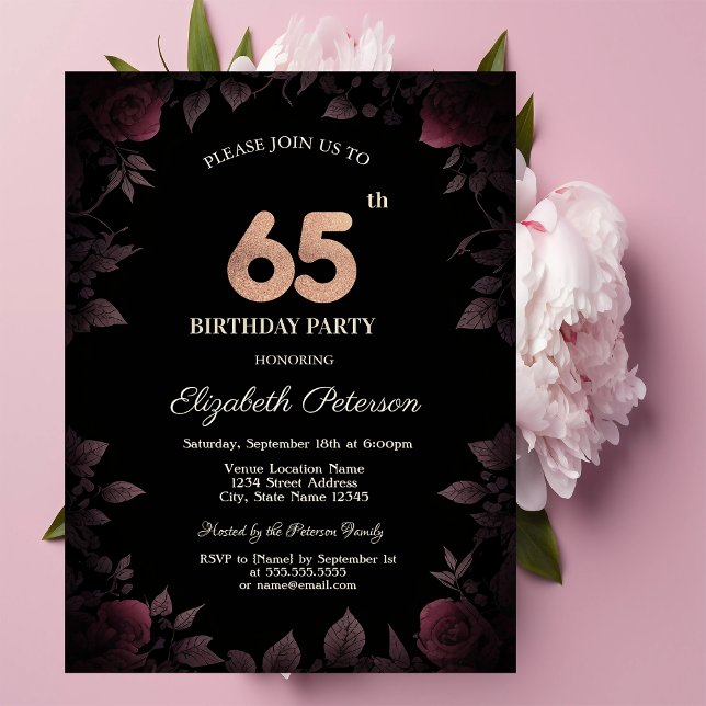Invitación Elegante Rosas oscuros de Borgoña Negro 65º cumple (Subido por el creador)