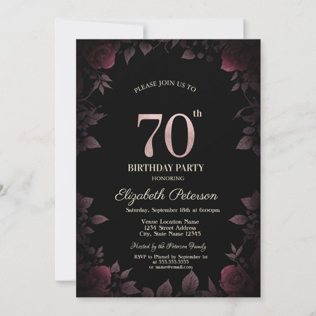 Invitación Elegante Rosas oscuros de Borgoña Negro 70 cumplea (Anverso)
