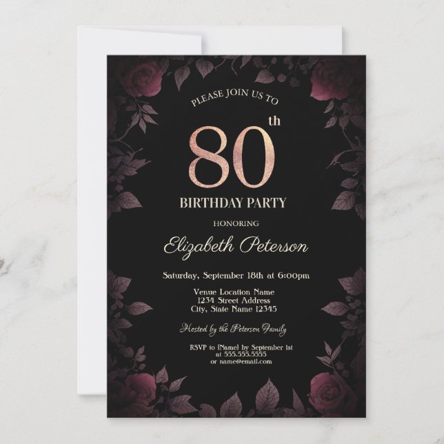 Invitación Elegante Rosas oscuros de Borgoña Negro 80 cumplea (Anverso)