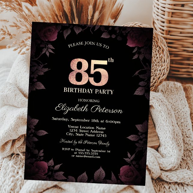 Invitación Elegante Rosas oscuros de Borgoña Negro 85º cumple (Subido por el creador)