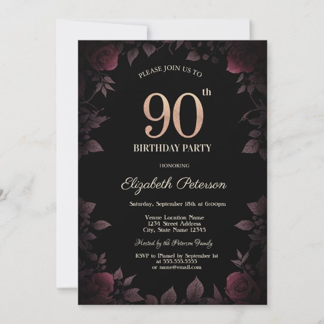 Invitación Elegante Rosas oscuros de Borgoña Negro cumpleaños (Anverso)