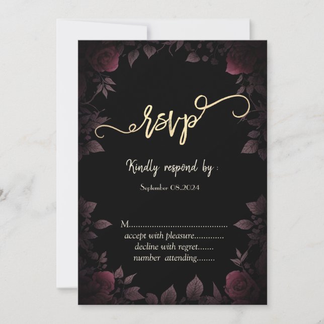 Invitación Elegante Rosas oscuros de Borgoña Negro RSVP (Anverso)
