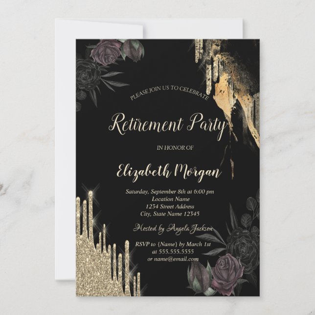 Invitación Elegante Rosas oscuros Purpurina aumenta la jubila (Anverso)