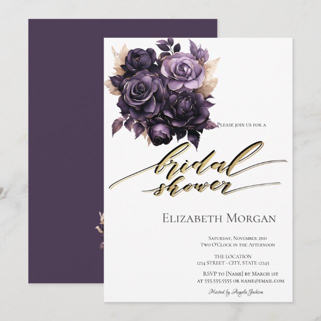 Invitación Elegante Rosas púrpura oscuro ducha de novia (Anverso / Reverso)