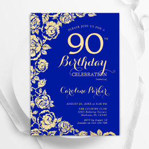 Invitación Elegante Rosas Royal Blue Gold 90 cumpleaños