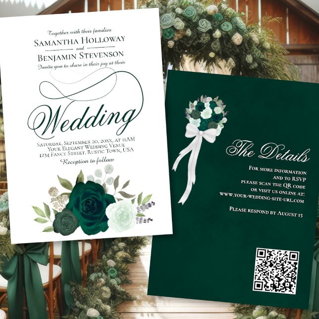 Invitación Elegante Rosas verdes de esmeralda Boda de código  (Front/Back)
