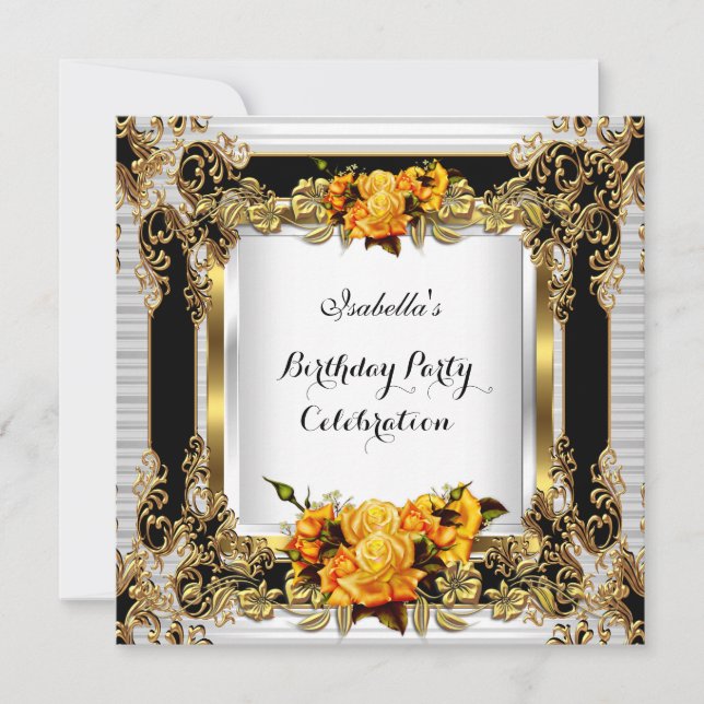 Invitación Elegante Roses Amarillas Oro Blanco Cumpleaños 2 (Anverso)