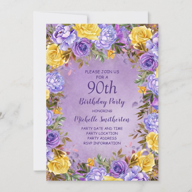 Invitación Elegante Roses Amarillos Morados Peonies 90 cumple (Anverso)