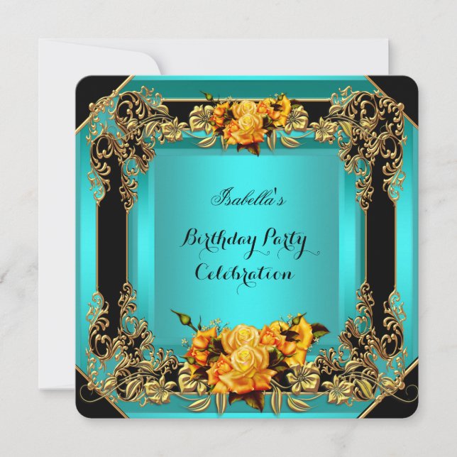 Invitación Elegante Roses Amarillos Verde azulado Oro Cumplea (Anverso)