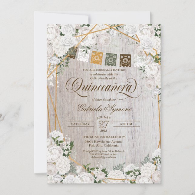 Invitación Elegante Roses Blancas Rústicas Occidentales Quinc (Anverso)