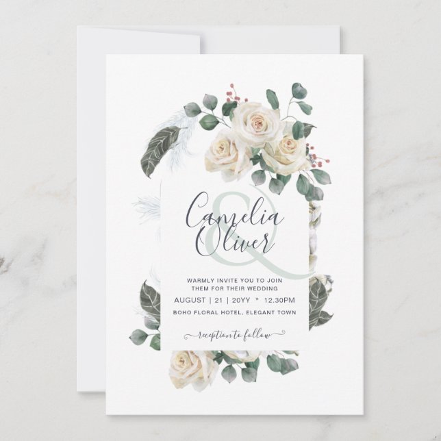 Invitación Elegante Roses Blancos Ampersand Floral Arch Boda (Anverso)