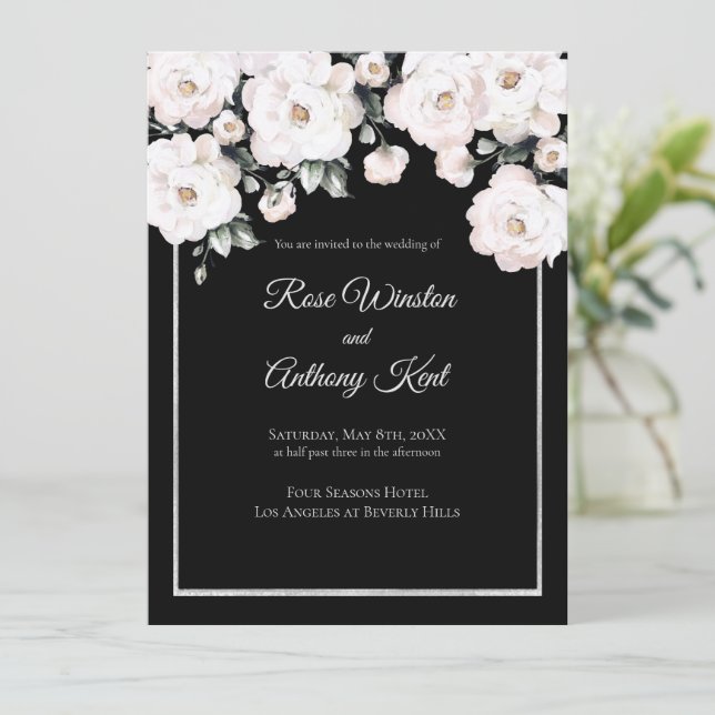 Invitación Elegante Roses Blancos Marco Plateado Boda Negro (Anverso de pie)