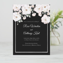 Invitación Elegante Roses Blancos Marco Plateado Boda Negro
