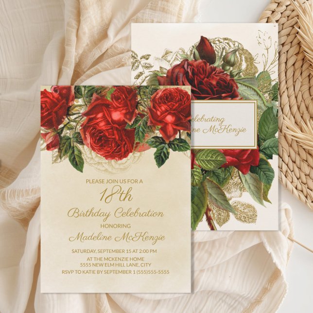 Invitación Elegante Roses Rojas Champagne 18 cumpleaños (Elegant red roses 18th birthday party invitation)