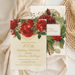 Invitación Elegante Roses Rojas Vintage 100 cumpleaños